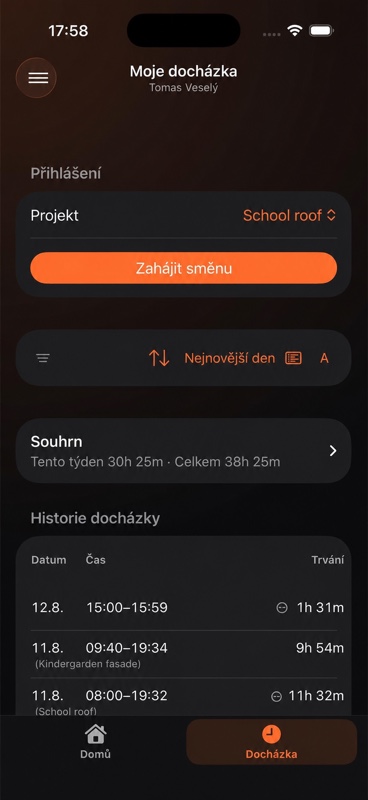 Uzavřená směna v historii docházky pracovníka